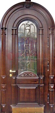 Арочная металлическая дверь массив со стеклом и ковкой ДА-50 в Ульяновске