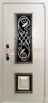 Белая стальная дверь с ковкой со стеклопакетом и МДФ ДК-30 в Ульяновске