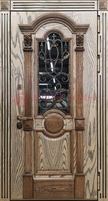 Железная дверь с массивом дуба со стеклом и ковкой ДМД-47 в Ульяновске