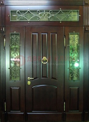 Стальная парадная дверь со стеклом и ковкой ДПР-18 для деревянного дома в Ульяновске