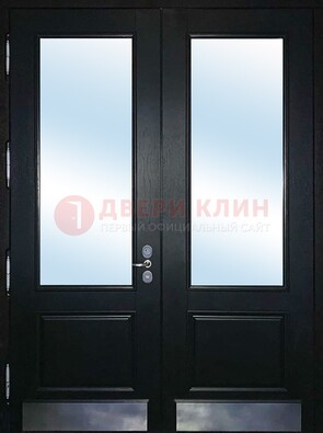 Черная двухстворчатая металлическая дверь со стеклом ДС-25 в Ульяновске
