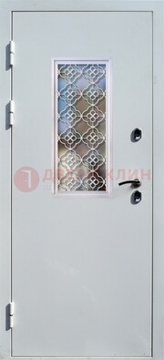 Серая металлическая дверь со стеклом и ковкой ДС-75 в Ульяновске