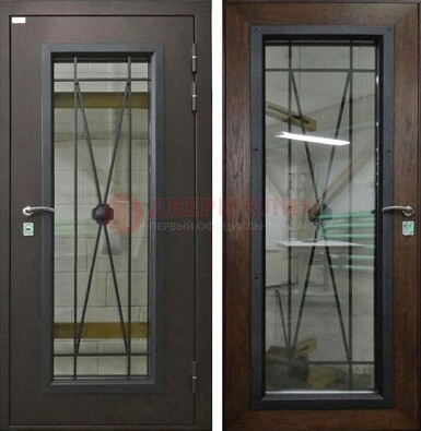 Коричневая железная дверь со стеклом для частного дома ДС-8 в Ульяновске