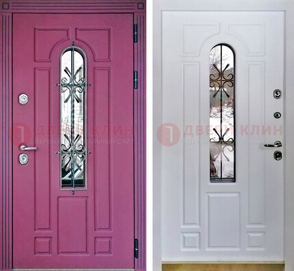 Розовая металлическая дверь со стеклом и ковкой ДСК-151 в Ульяновске