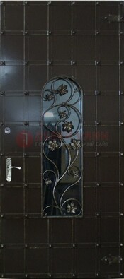 Высокая железная дверь со стеклом и ковкой ДСК-15 в Ульяновске