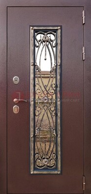 Коричневая стальная дверь порошок со стеклом и ковкой для дома ДСК-169 в Ульяновске
