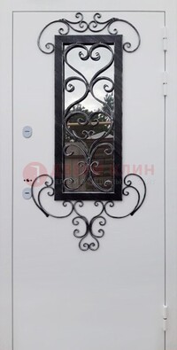 Белая уличная дверь Порошок со стеклом и ковкой ДСК-222 в Ульяновске