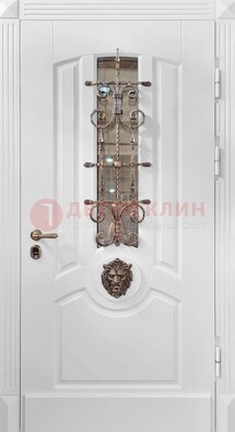 Белая металлическая дверь с виноритом и стеклом с ковкой ДВТ-165 в Ульяновске