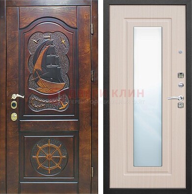 Темная уличная дверь с резьбой и зеркалом внутри ДЗ-49 в Ульяновске