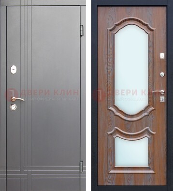 Серая входная дверь со светлой МДФ и зеркалами внутри ДЗ-77 в Ульяновске