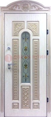 Белая железная дверь с МДФ и витражом ВЖ-26 в Ульяновске