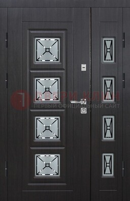 Чёрная двухстворчатая железная дверь с МДФ и витражом ВЖ-35 в Ульяновске
