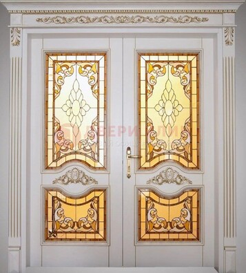 Элитная металлическая дверь с витражом и отделкой массив ВЖ-4 в Ульяновске